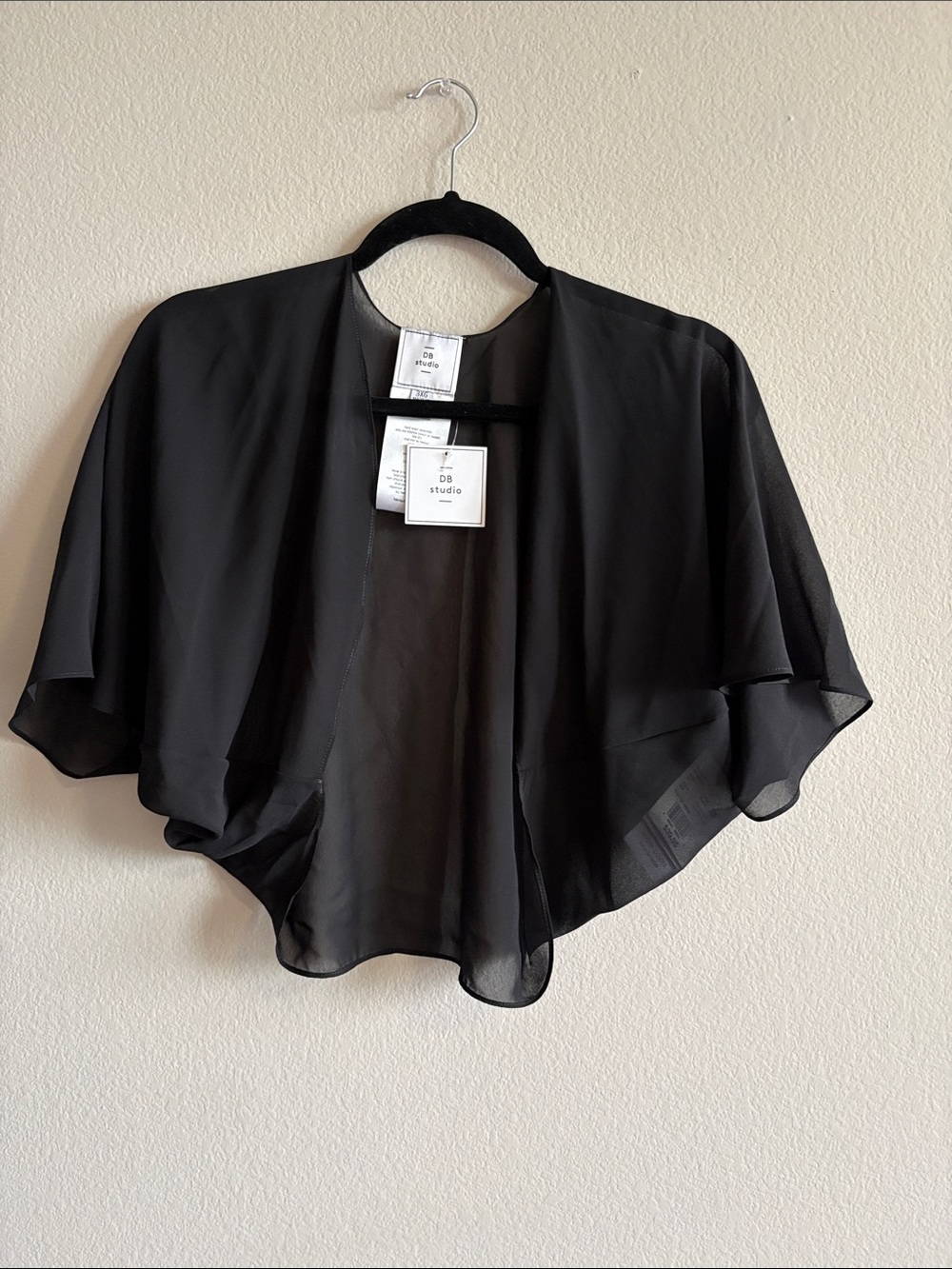 DB Studio Open Front Sheer Flutter Shrug Black Short Sleeve Size 3X NWT